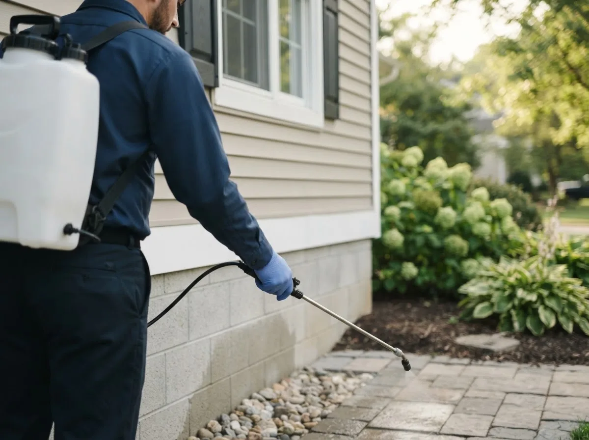 Pest control technician inspecting a home in Aline, OK